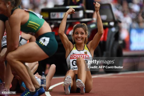 Germany's Ruth Sophia Spelmeyer reacts after competing in the women's 4x400m relay athletics event at the 2017 IAAF World Championships at the London...