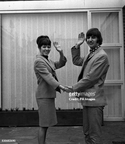 The Beatles drummer Ringo Starr and his bride, the former Maureen Cox, wave a greeting in the garden of their honeymoon retreat at Hove, Sussex....