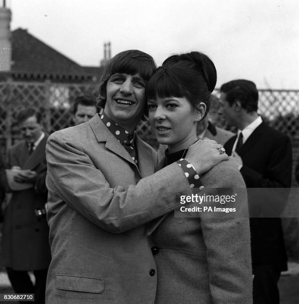 Proud new husband Ringo Starr, the Beatles drummer, is pictured with his bride, the former Maureen Cox in the garden of the house in Princes...