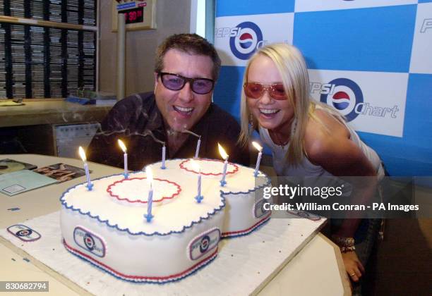 Capital Radio disc jockey Dr Fox with Spice Girl Emma Bunton blow out candles on a birthday cake, at the radio station's London studio, to mark the...