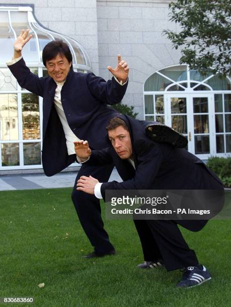British actor and comedian Lee Evans with martial arts actor Jackie Chan, at a photo-call in Dublin to announce the filming of the Irish locations of...