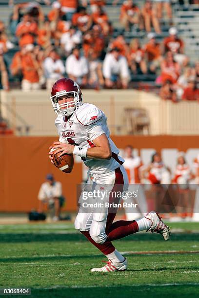 Quarterback Tyler Wilson of the Arkansas Razorbacks drops back to pass during the game against the Texas Longhorns on September 27, 2008 at Darrell K...