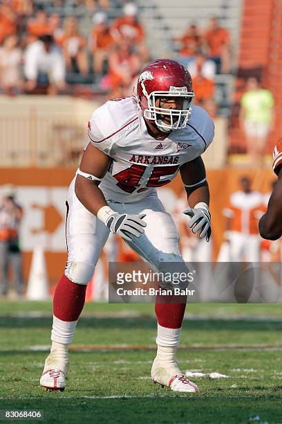 Williams of the Arkansas Razorbacks gets ready to move during the game against the Texas Longhorns on September 27, 2008 at Darrell K Royal-Texas...
