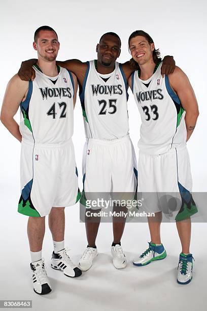 Kevin Love, Al Jefferson and Mike Miller of the Minnesota Timberwolves pose for a group portrait during NBA Media Day on September 29, 2008 at the...