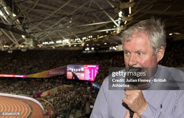 Commentator Brendan Foster looks on from the the stands during day eight of the 16th IAAF World Athletics Championships London 2017 at The London...