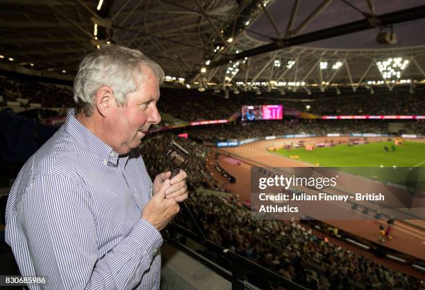 Commentator Brendan Foster looks on from the the stands during day eight of the 16th IAAF World Athletics Championships London 2017 at The London...