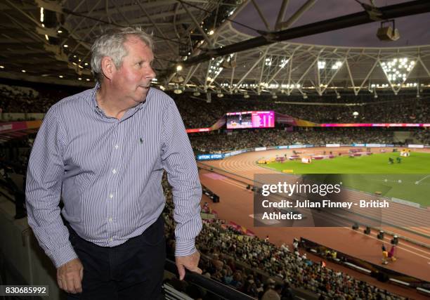 Commentator Brendan Foster looks on from the the stands during day eight of the 16th IAAF World Athletics Championships London 2017 at The London...