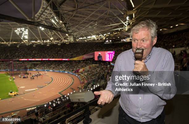 Commentator Brendan Foster looks on from the the stands during day eight of the 16th IAAF World Athletics Championships London 2017 at The London...