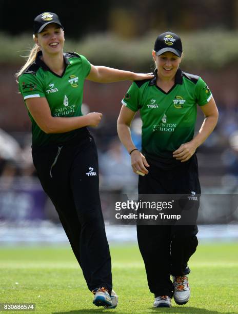 Claire Nicholas of Western Storm celebrates after running out Lucy Higham of Loughborough Lightning during the Kia Super League 2017 match between...