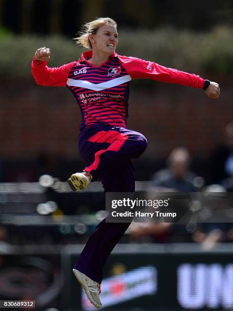 Kristen Beams of Loughborough Lightning celebrates after dismissing Rachel Priest of Western Storm during the Kia Super League 2017 match between...