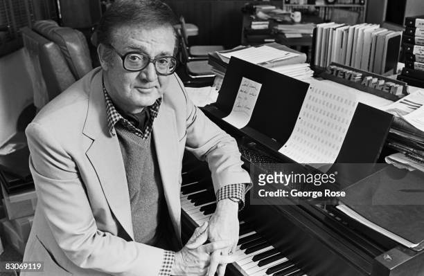 Actor, author and comedian-turned talk show host, Steve Allen, sits at his piano during a 1979 Los Angeles, California, photo portrait session.