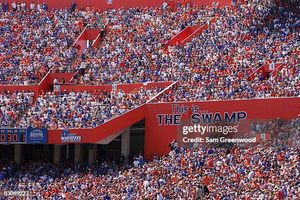 Fans of the Florida Gators fill the stands during the game against the Mississippi Rebels at Ben Hill Griffin Stadium on September 27, 2008 in...