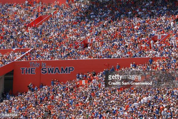 Fans of the Florida Gators fill the stands during the game against the Mississippi Rebels at Ben Hill Griffin Stadium on September 27, 2008 in...
