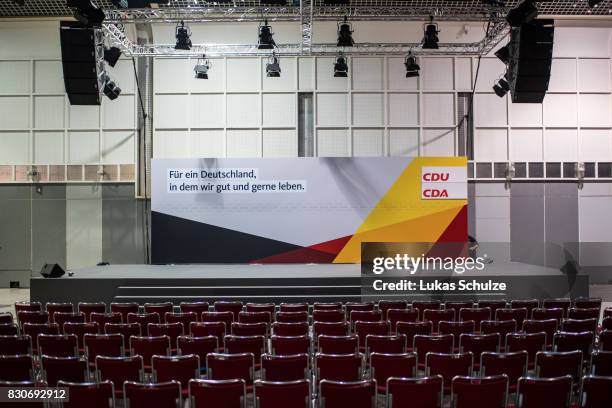 The stage of the German Christian Democrats is seen after the federal election campaign opening rally on August 12, 2017 in Dortmund, Germany....