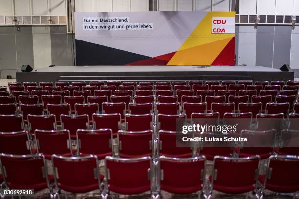 The stage of the German Christian Democrats is seen after the federal election campaign opening rally on August 12, 2017 in Dortmund, Germany....