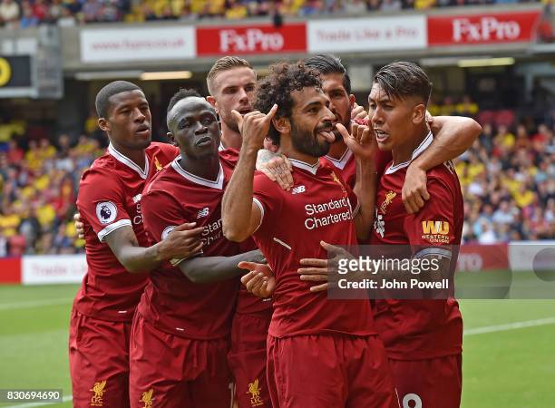 Mohamed Salah of Liverpool Celebrates after scoring liverpools third during the Premier League match between Watford and Liverpool at Vicarage Road...