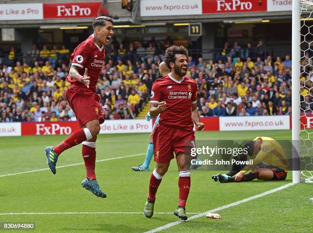 Mohamed Salah of Liverpool Celebrates after scoring liverpools third during the Premier League match between Watford and Liverpool at Vicarage Road...