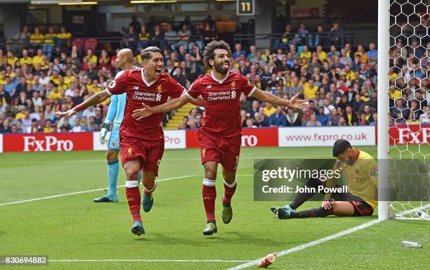 Mohamed Salah of Liverpool Celebrates after scoring liverpools third during the Premier League match between Watford and Liverpool at Vicarage Road...