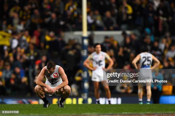 Sam Docherty of the Blues is dejected with the loss on the final siren during the 2017 AFL round 21 match between the West Coast Eagles and the...