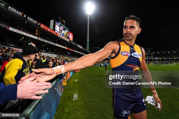 Lewis Jetta of the Eagles celebrates with the fans during the 2017 AFL round 21 match between the West Coast Eagles and the Carlton Blues at Domain...