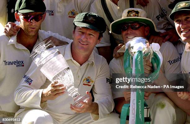 Australia's Adam Gilchrist , Steve Waugh, Shane Warne, & Glenn McGrath with their glass replica of the Ashes and npower trophies on the fifth & final...