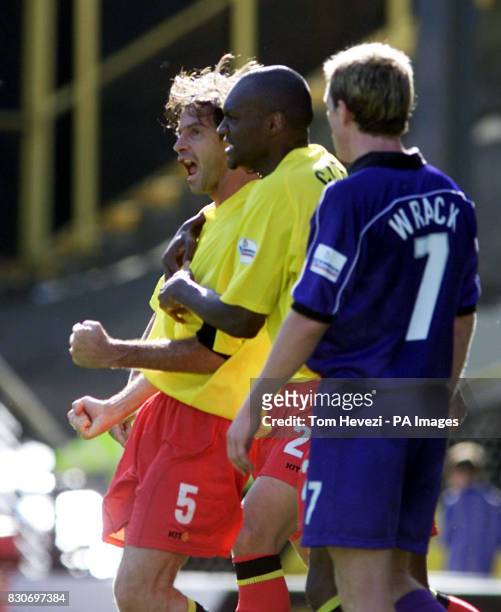 Watford's Marcus Gayle embraces goal scorer Filippo Galli during the Nationwide Division One game against Walsall at Vicarage Road, Watford.