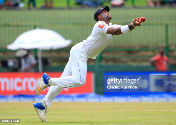 Sri Lankan cricketer Lahiru Kumara drops a catch during the 1st Day's play in the 2nd Test match between Sri Lanka and India at the Pallekele...