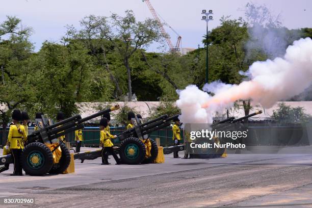 Thai royal guards salute during the celebrate the Queens Sirikit' 85th birthday, at Sanam Luang in Bangkok, Thailand, 12 August 2017.