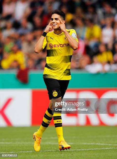 Marc Bartra of Borussia Dortmund celebrates scoring the first goal during the DFB Cup match between 1. FC Rielasingen-Arlen and Borussia Dortmund at...