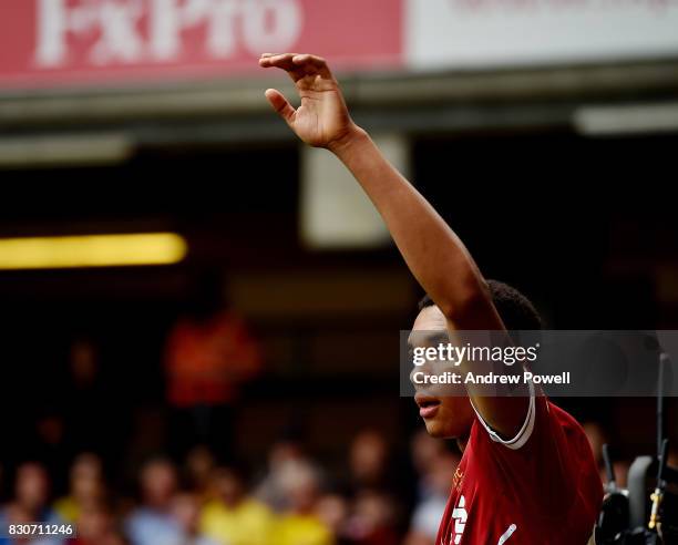 Trent Alexander-Arnold of Liverpool during the Premier League match between Watford and Liverpool at Vicarage Road on August 12, 2017 in Watford,...