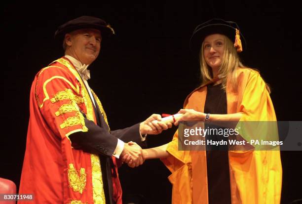 Olympic athelete Paula Radcliffe receiving an Honorary Doctorate from the Faculty of Education and Sports Science at De Montfort University in...