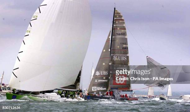 The Illbruck yacht speeds past the Nautor Challenge Amer Sports Too as she rips her spinnaker right on the start line of the Volvo Ocean Race in the...