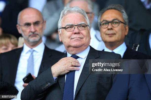 Bill Kenwright, chairman of Everton looks on prior to the Premier League match between Everton and Stoke City at Goodison Park on August 12, 2017 in...