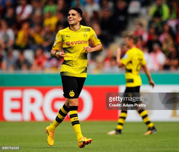 Marc Bartra of Borussia Dortmund celebrates scoring the first goal during the DFB Cup match between 1. FC Rielasingen-Arlen and Borussia Dortmund at...