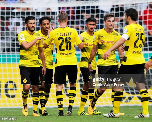 Pierre-Emerick Aubameyang of Borussia Dortmund celebrates scoring a goal during the DFB Cup match between 1. FC Rielasingen-Arlen and Borussia...