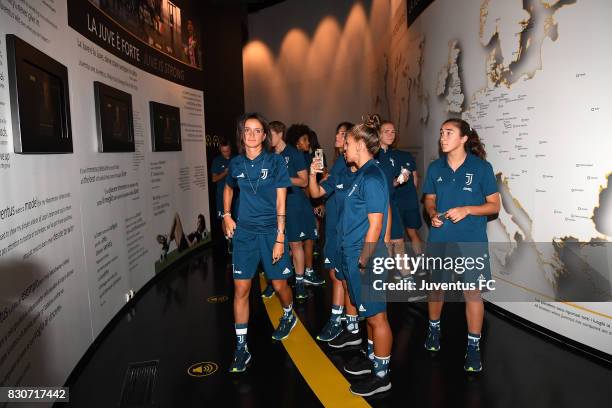 Players of Juventus Women look on during a visit to the Club's Museum on August 12, 2017 in Turin, Italy.