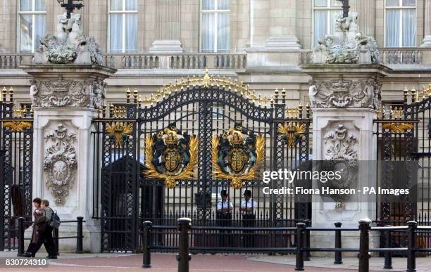 The Queen's London residence, Buckingham Palace, with its gates closed.