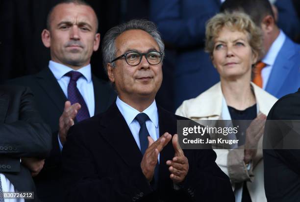 Farhad Moshiri owner of Everton looks on prior to the Premier League match between Everton and Stoke City at Goodison Park on August 12, 2017 in...