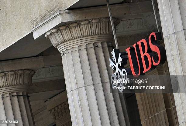 The logo of UBS isdisplayed on a branch of the Swiss bank on September 30, 2008 in Bern. Shares in Switzerland's biggest bank UBS were the biggest...