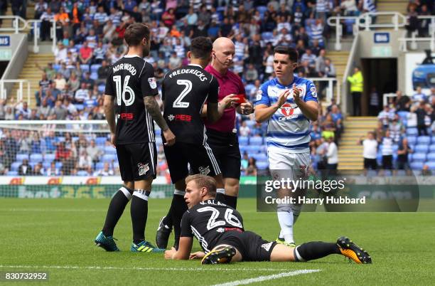 Tomas Kalas of Fulham is sent off during the Sky Bet Championship match between Reading and Fulham at Madejski Stadium on August 12, 2017 in Reading,...