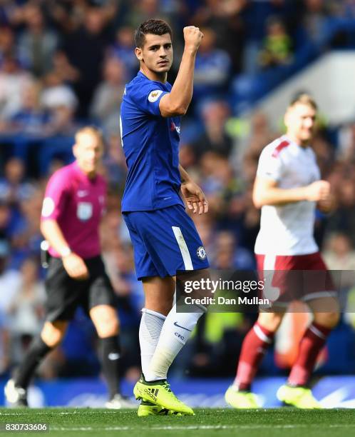 Alvaro Morata of Chelsea celebrates scoring his sides first goal during the Premier League match between Chelsea and Burnley at Stamford Bridge on...