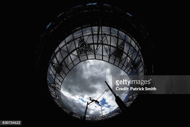 An athlete competes in the Men's Decathlon Pole Vault during day nine of the 16th IAAF World Athletics Championships London 2017 at The London...