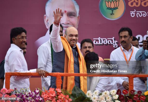 President Amit Shah during a public rally near Devanahalli, on August 12, 2017 in Bengaluru, India. Shah is on a three-day visit to Karnataka...