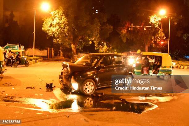 Mercedes car smashed another car after traffic police tried to stop it for checking on Kasturba Gandhi Marg on Friday night, on August 11, 2017 in...
