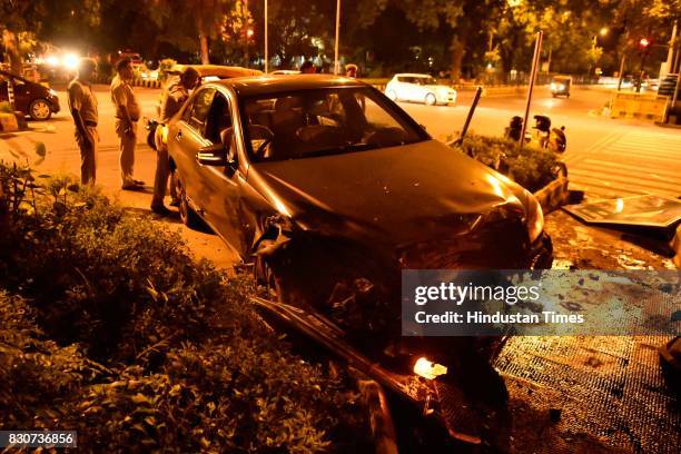 Mercedes car smashed another car after traffic police tried to stop it for checking on Kasturba Gandhi Marg on Friday night, on August 11, 2017 in...