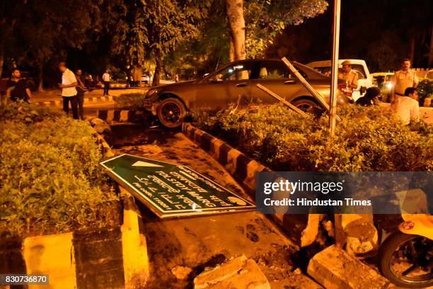 Mercedes car smashed another car after traffic police tried to stop it for checking on Kasturba Gandhi Marg on Friday night, on August 11, 2017 in...