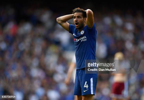 Cesc Fabregas of Chelsea reacts to being sent off during the Premier League match between Chelsea and Burnley at Stamford Bridge on August 12, 2017...