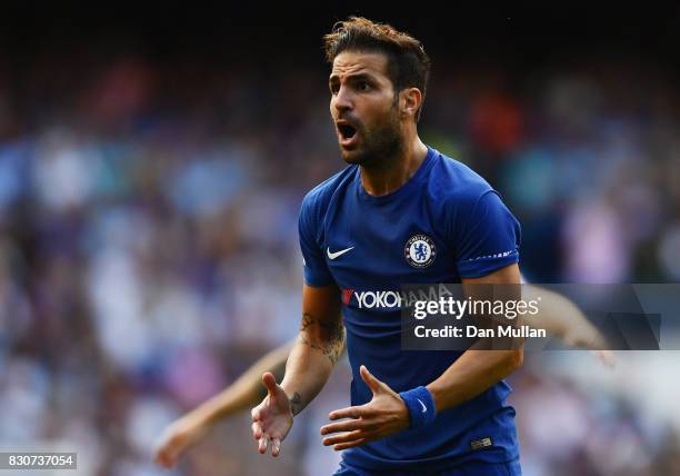 Cesc Fabregas of Chelsea reacts to being sent off during the Premier League match between Chelsea and Burnley at Stamford Bridge on August 12, 2017...