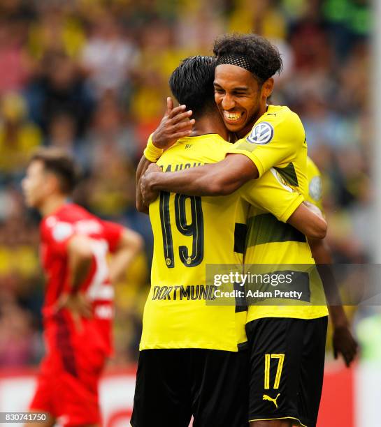 Pierre-Emerick Aubameyang of Borussia Dortmund celebrates his third goal during the DFB Cup match between 1. FC Rielasingen-Arlen and Borussia...