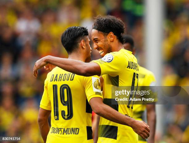 Pierre-Emerick Aubameyang of Borussia Dortmund celebrates his third goal during the DFB Cup match between 1. FC Rielasingen-Arlen and Borussia...